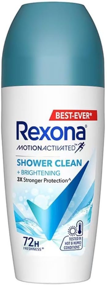 Rexona Women's Shower Clean 72 Hour Sweat & Odor Proof Antiperspirant Deodorant Roll-On with MotionActivated Technology, 45ml