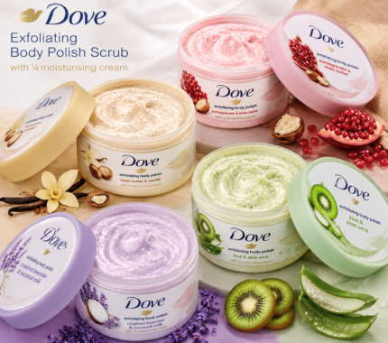 Dove Exfoliating Body Polish Scrub, Pomegranate & Shea Butter, with ¼ moisturising cream, 225ml
